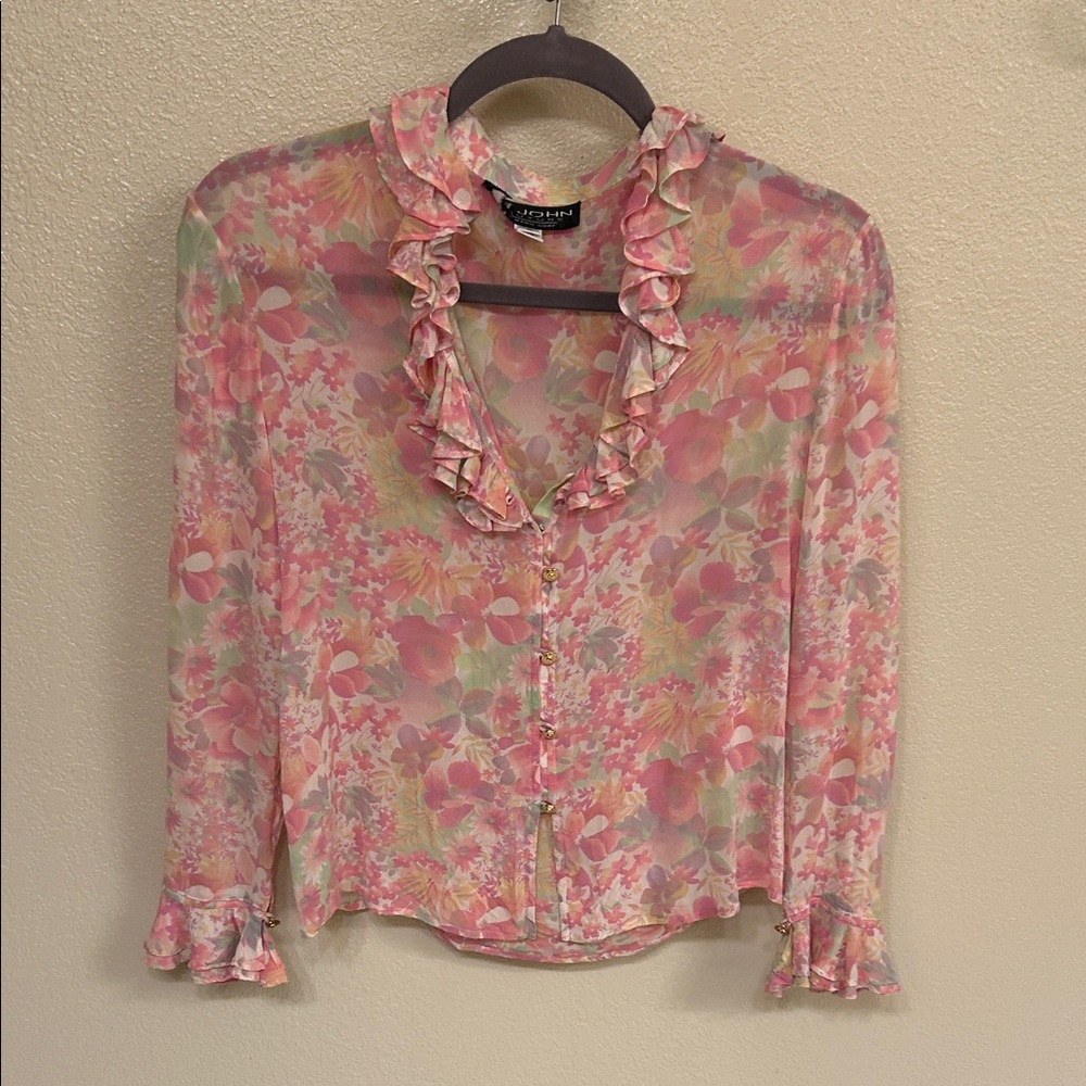 Vintage St. John Couture Silk Floral Ruffle Blouse